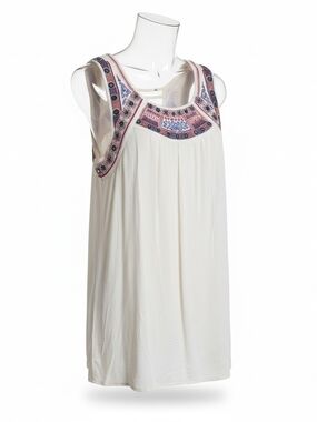 Sleeveless Embroidered Yoke Tank Top - White with Pink & Blue Accents